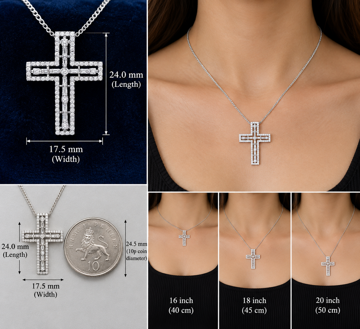 Real Diamond Cross Pendant Baguette & Round Premium Diamonds 18ct Gold 18"/45cm