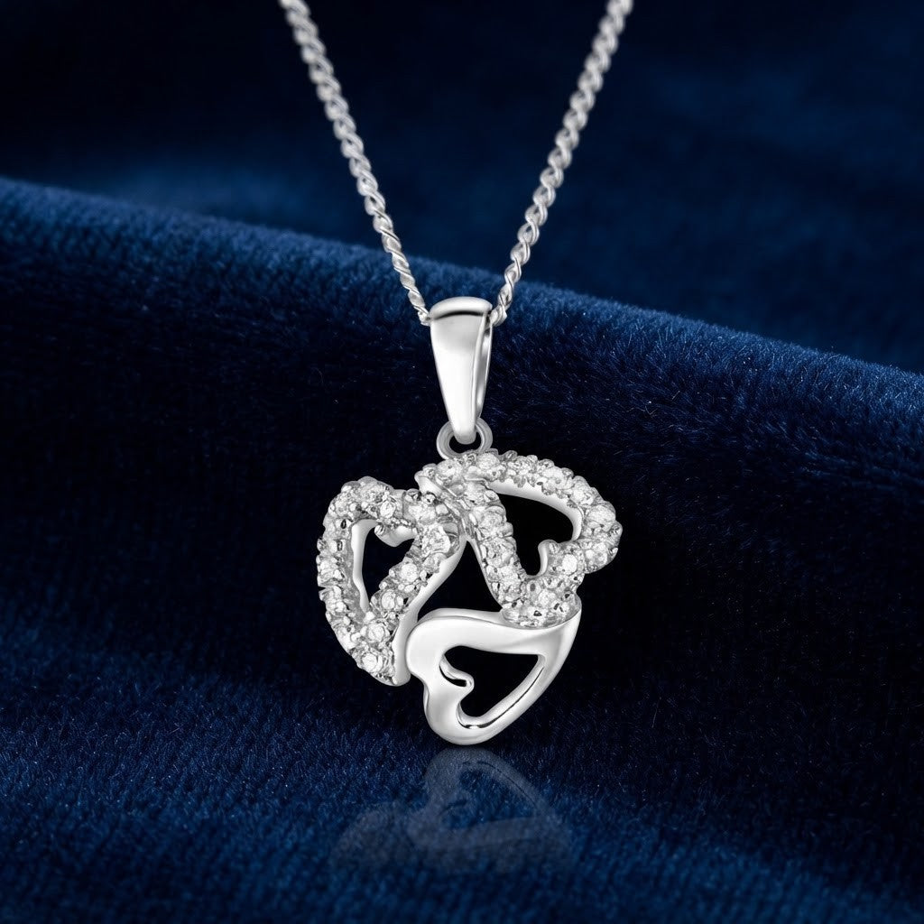 Diamond Three Heart Pendant Necklace 9ct White Gold 18" 45cm Chain Luxury Gift