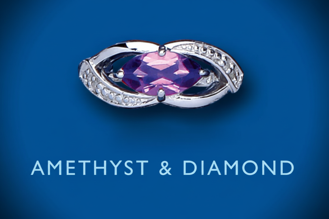 Amethyst and Diamond Ring Marquise Solid Sterling Silver Ladies