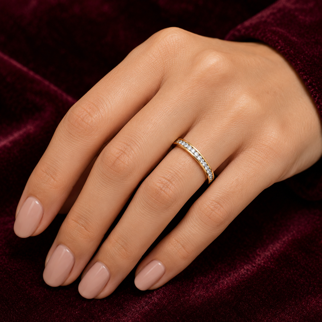 18ct Gold Eternity Band Ring Channel Setting on Solid Sterling Silver 925