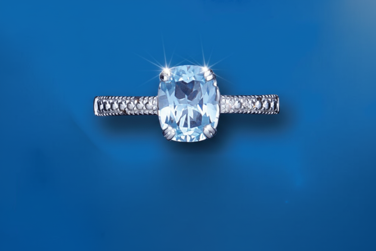 Solitaire Blue Topaz and Diamond Ring Engagement Solid Sterling Silver Ladies