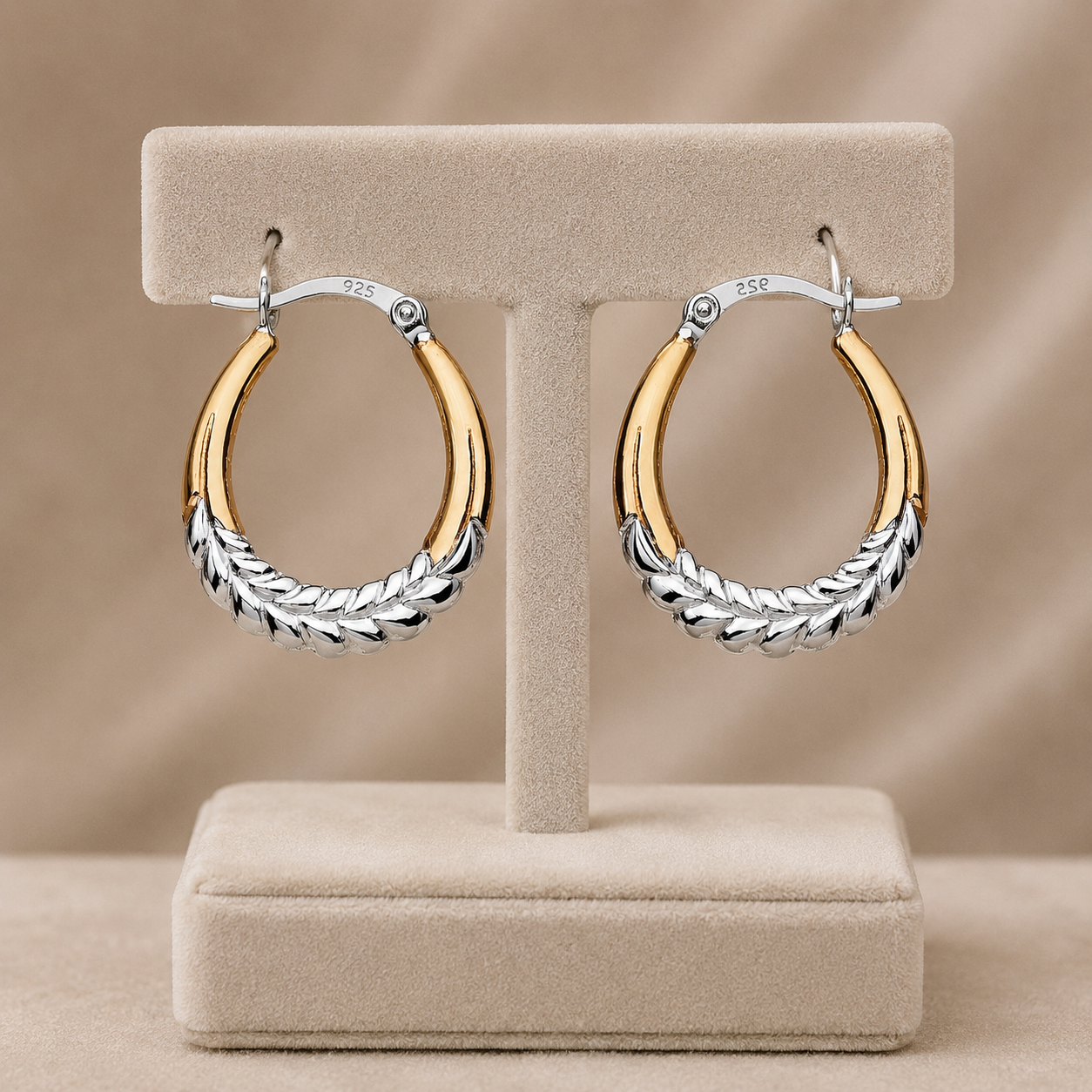 Two Tone Oval Creole Hoop Earrings Leaf Design 18ct Gold on Sterling Silver 925