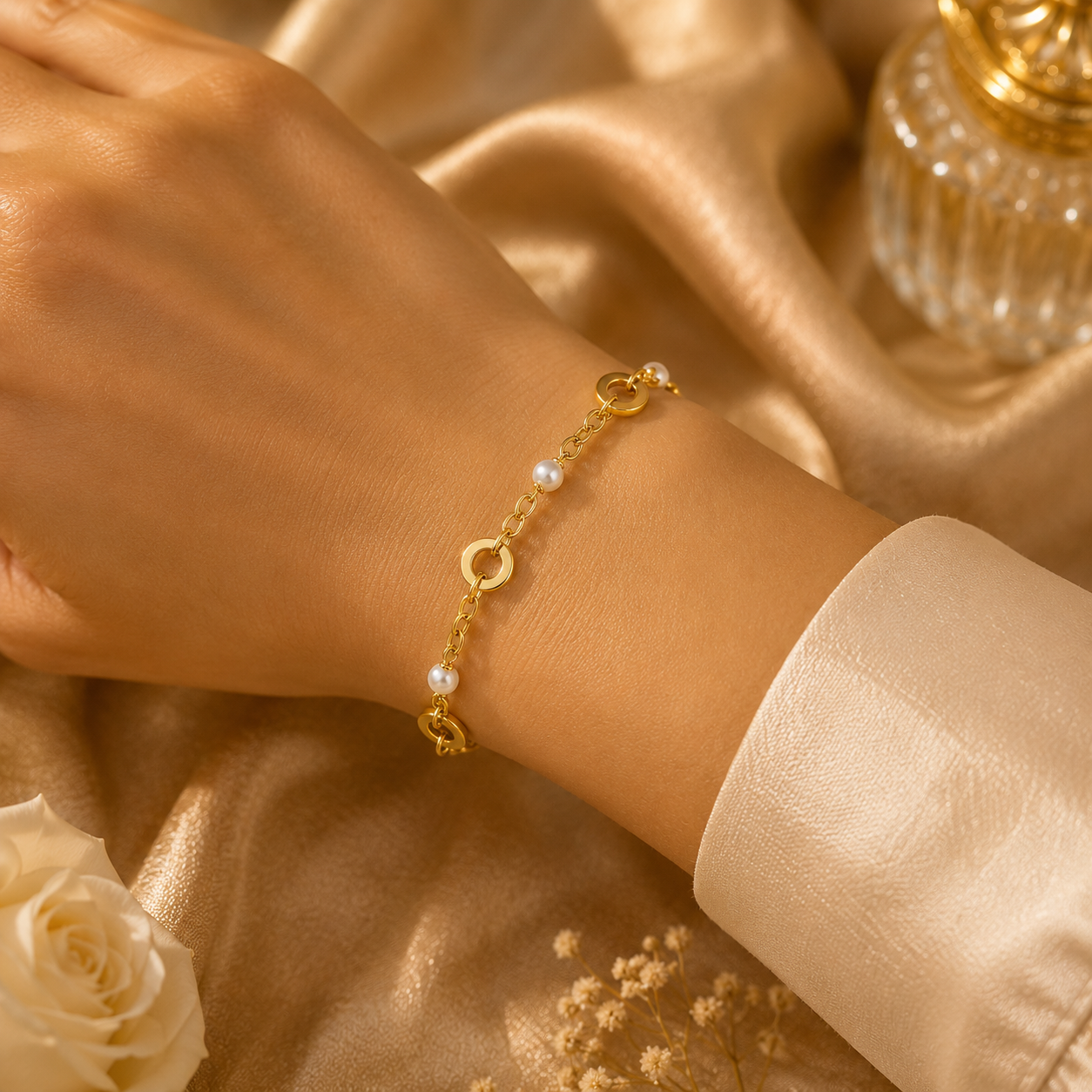 Freshwater Pearl Station Chain Bracelet 9ct Yellow Gold 375 Hallmark 19cm