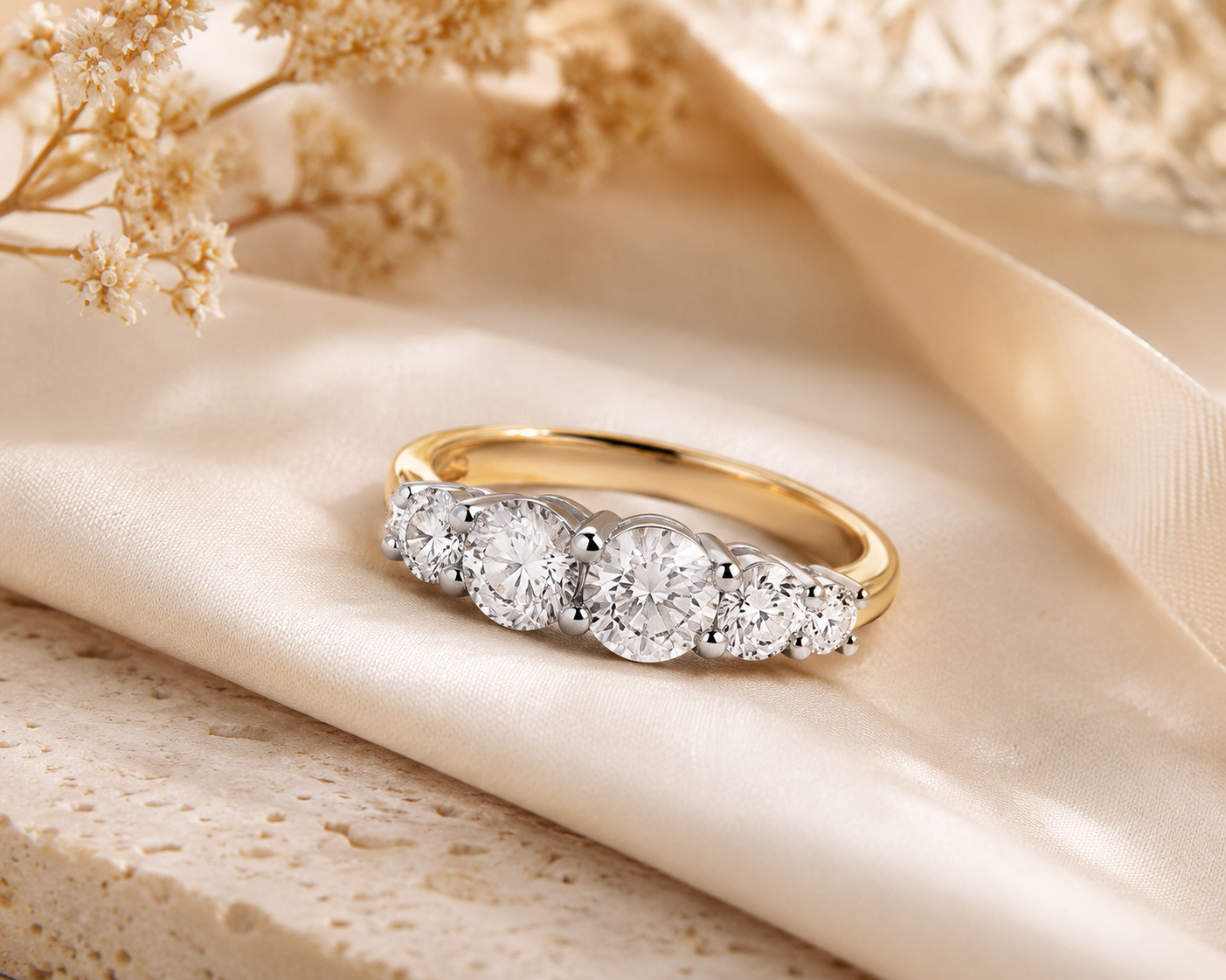 Elegant Five-Stone Graduated Ring in 18ct Gold on Solid Sterling Silver