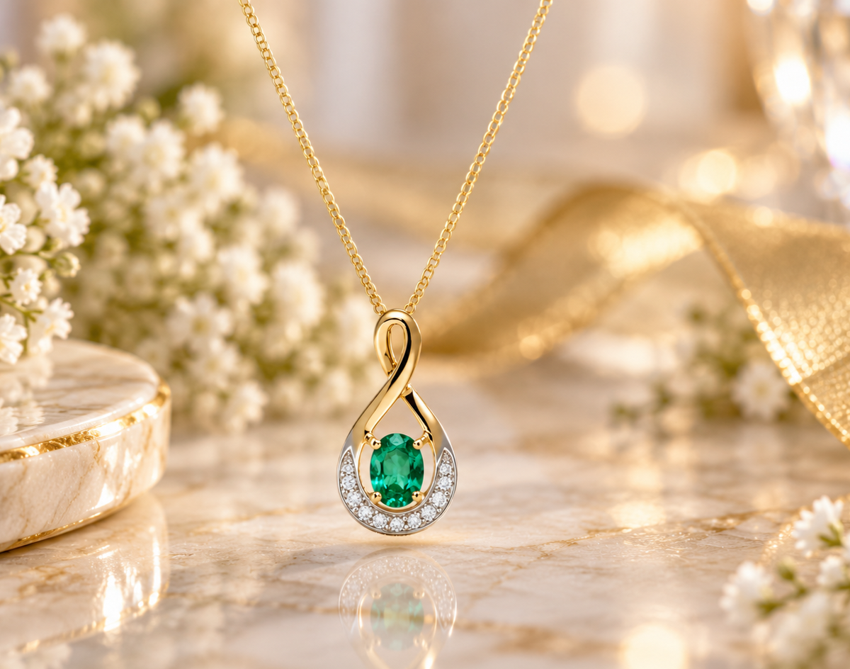 Emerald and Diamond Pendant 9ct Yellow Gold Infinity Twist Necklace 16 - 18"