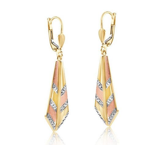 Three Chevron Drop Earrings 9ct Yellow White & Rose Gold 45mm Drops Hallmarked
