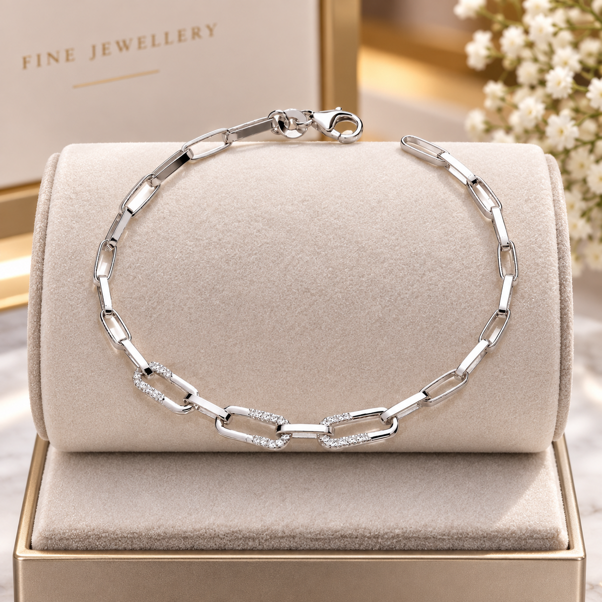 Sterling Silver Paperclip Link Chain Bracelet with Zircon Accents Lobster Clasp
