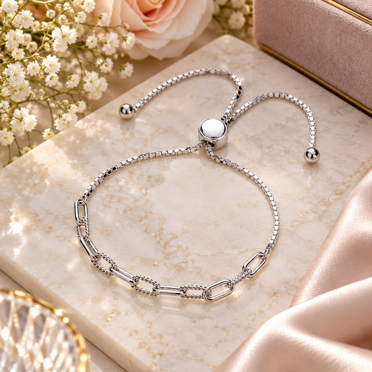 Sterling Silver Adjustable Bolo Slider Bracelet Paperclip Chain Ball Ends 925