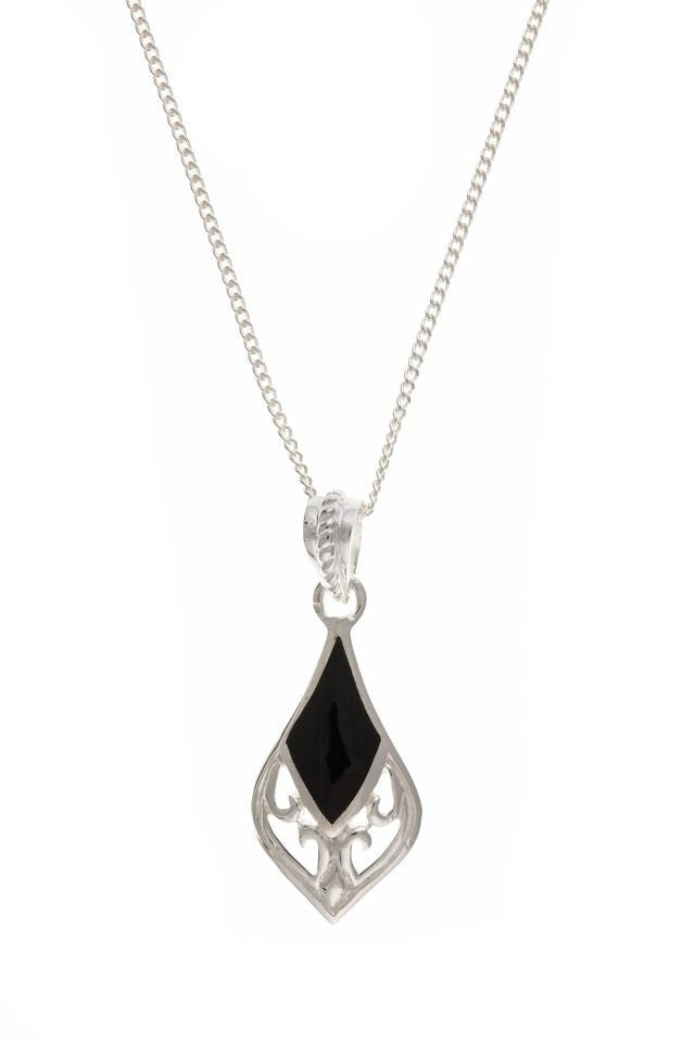 Real Onyx Filigree Pendant Necklace and Matching Drop Earrings Sterling Silver