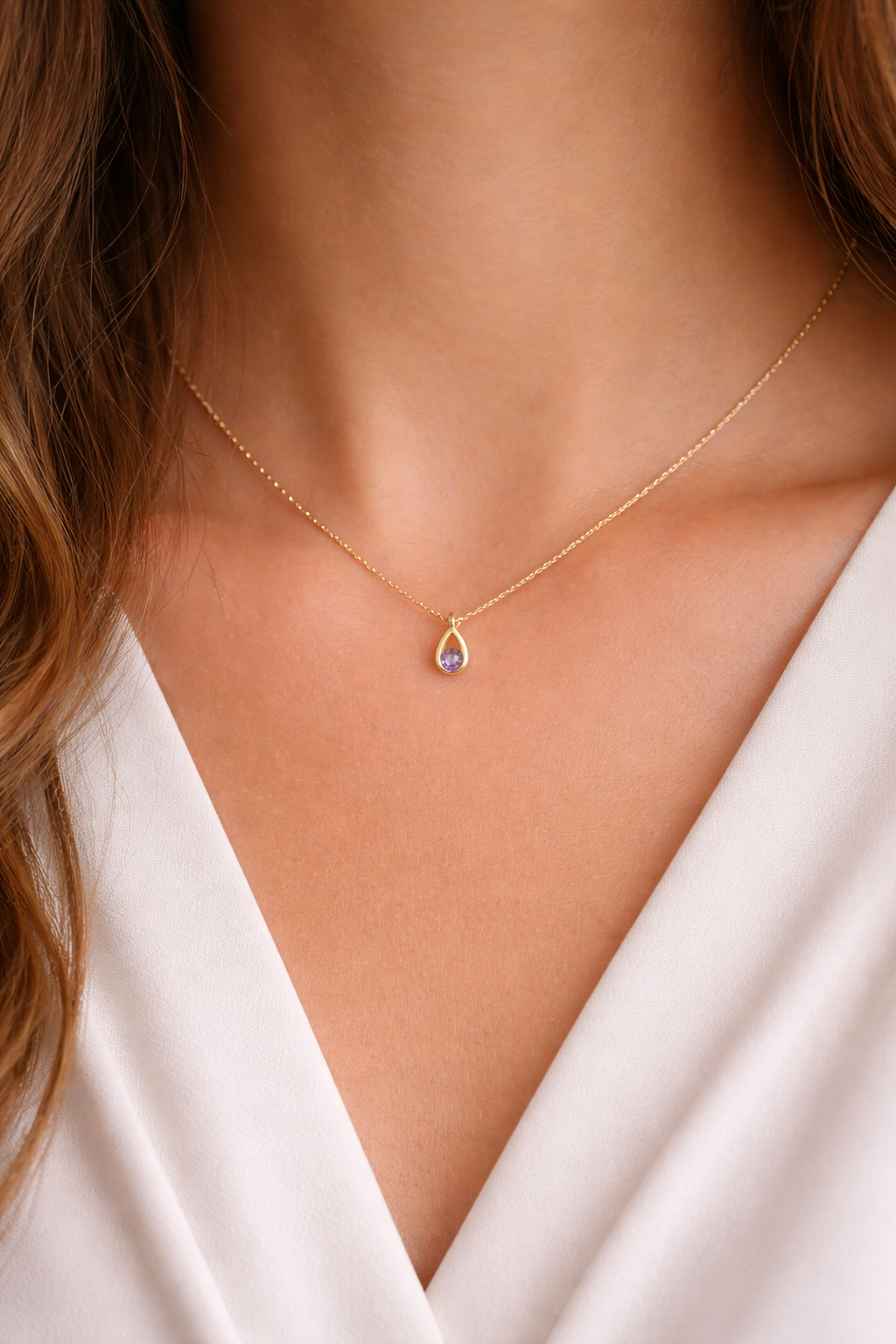 Natural Amethyst Teardrop Slider Pendant Solid Yellow Gold 18" 46cm Length Chain