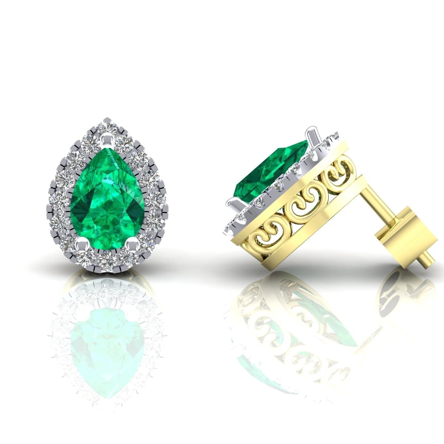 Emerald Pear Cluster Stud Earrings Solid 9ct Yellow Gold Hallmarked