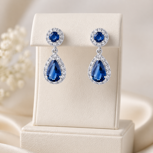 Natural Sapphire and Diamond Teardrop Earrings Solid 9ct White Gold Hallmarked