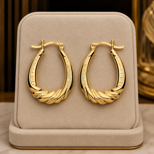 Oval Twist Creole Hoop Earrings 18ct Gold on Sterling Silver 925 Hallmark