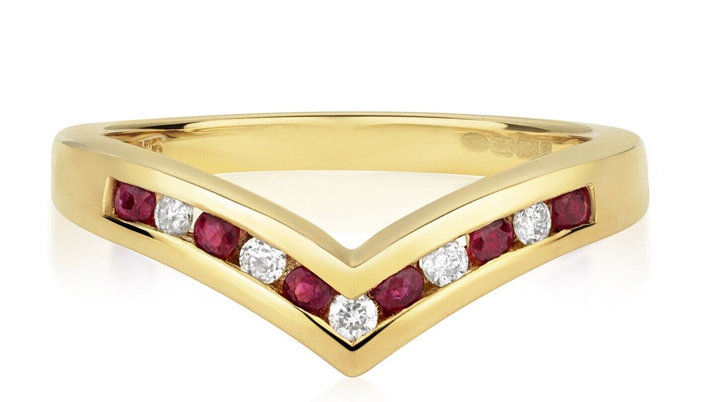 Real Ruby and Diamond Wishbone Ring Solid Yellow Gold Eternity Band Size J - Q