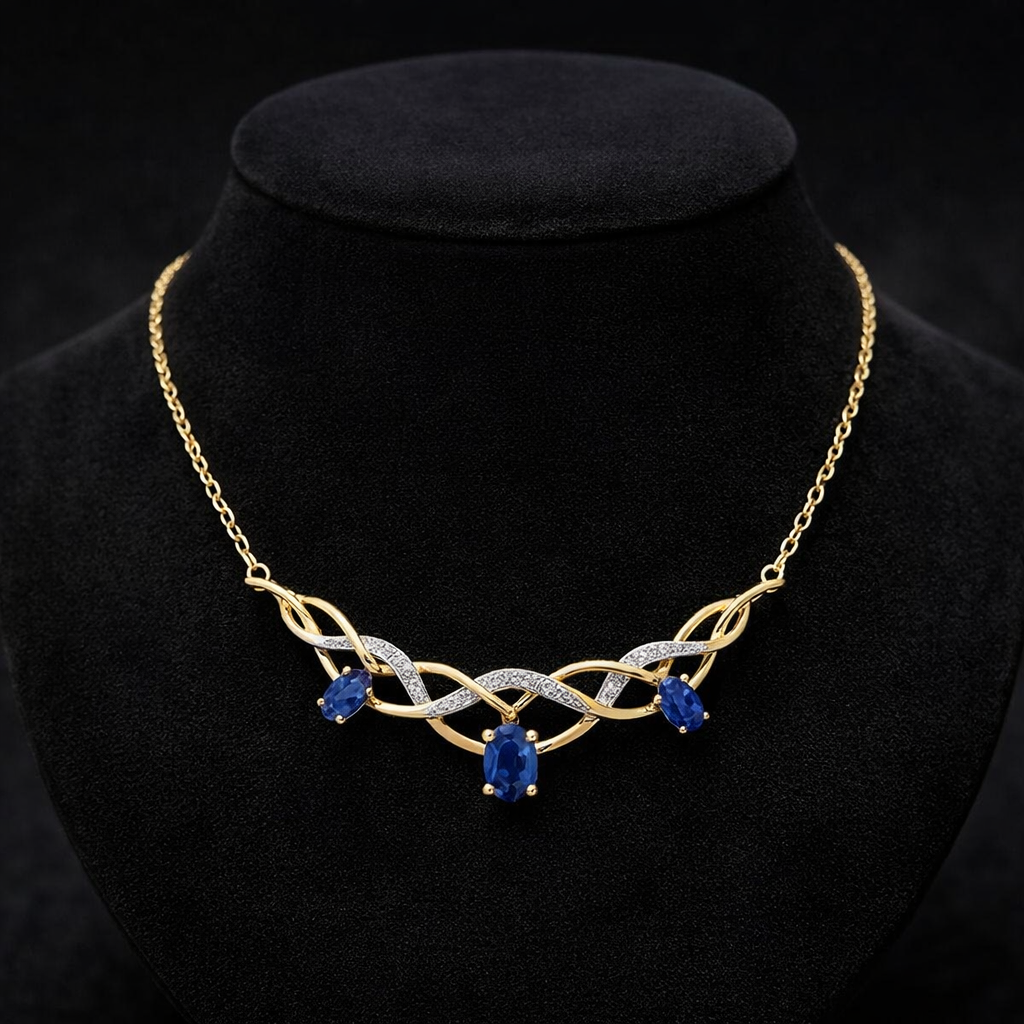 Natural Blue Sapphire Necklace and Diamond Yellow Gold 16.5" 42cm Length Chain