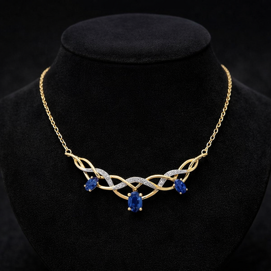 Natural Blue Sapphire Necklace and Diamond Yellow Gold 16.5" 42cm Length Chain