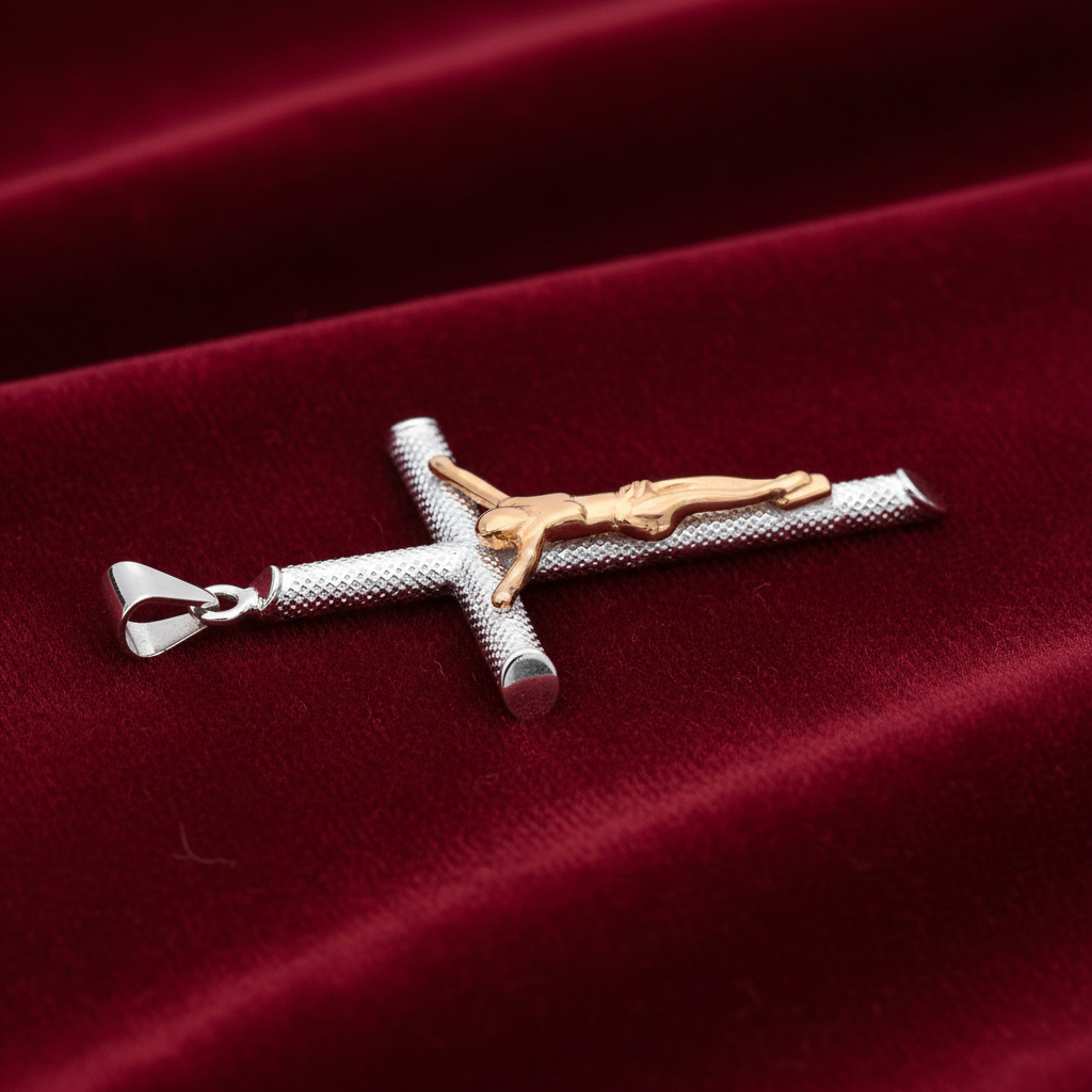 Two Tone Crucifix Cross Pendant 925 Sterling Silver 18ct Gold Detail 47mm