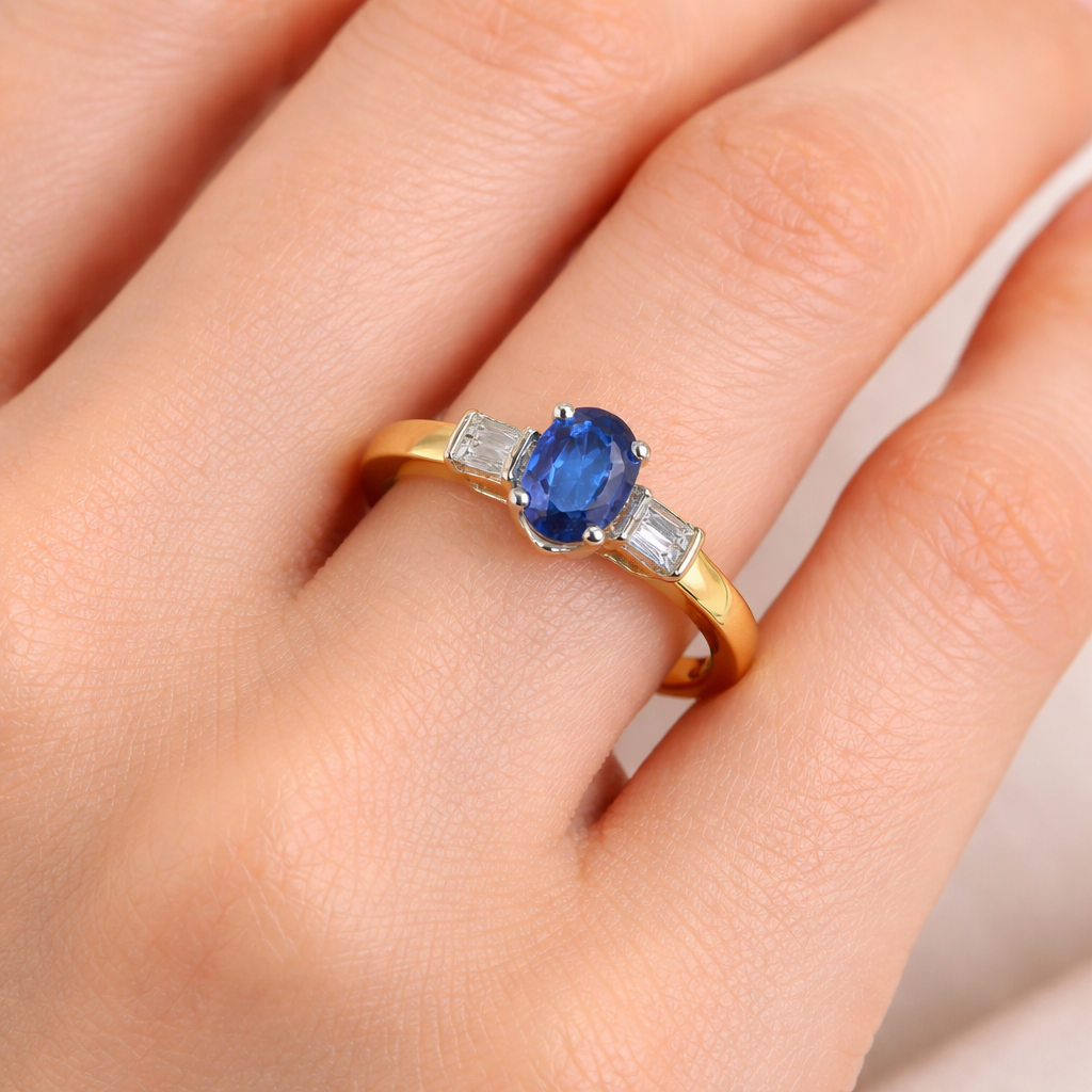 Sapphire and Baguette Diamond Ring 9ct Yellow Gold Oval Solitaire Hallmarked