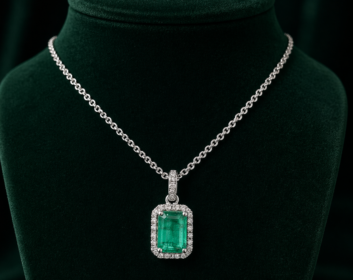 Emerald and Diamond Halo Pendant 18ct White Gold 16" 41cm Length Chain