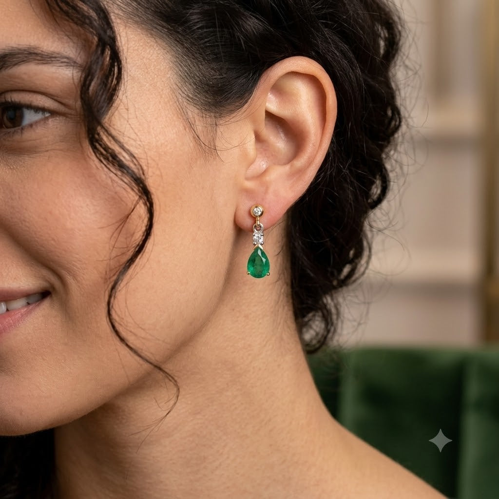 Real Yellow Gold Emerald & Diamond Drop Earrings Pear Cut Gemstone Dangle Studs