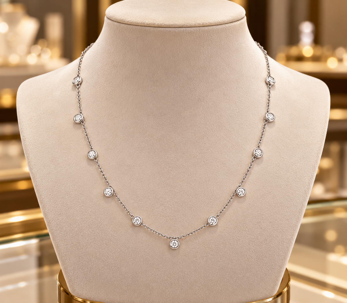 Bezel Set Diamond Station Necklace 18ct White Gold 18" / 45cm