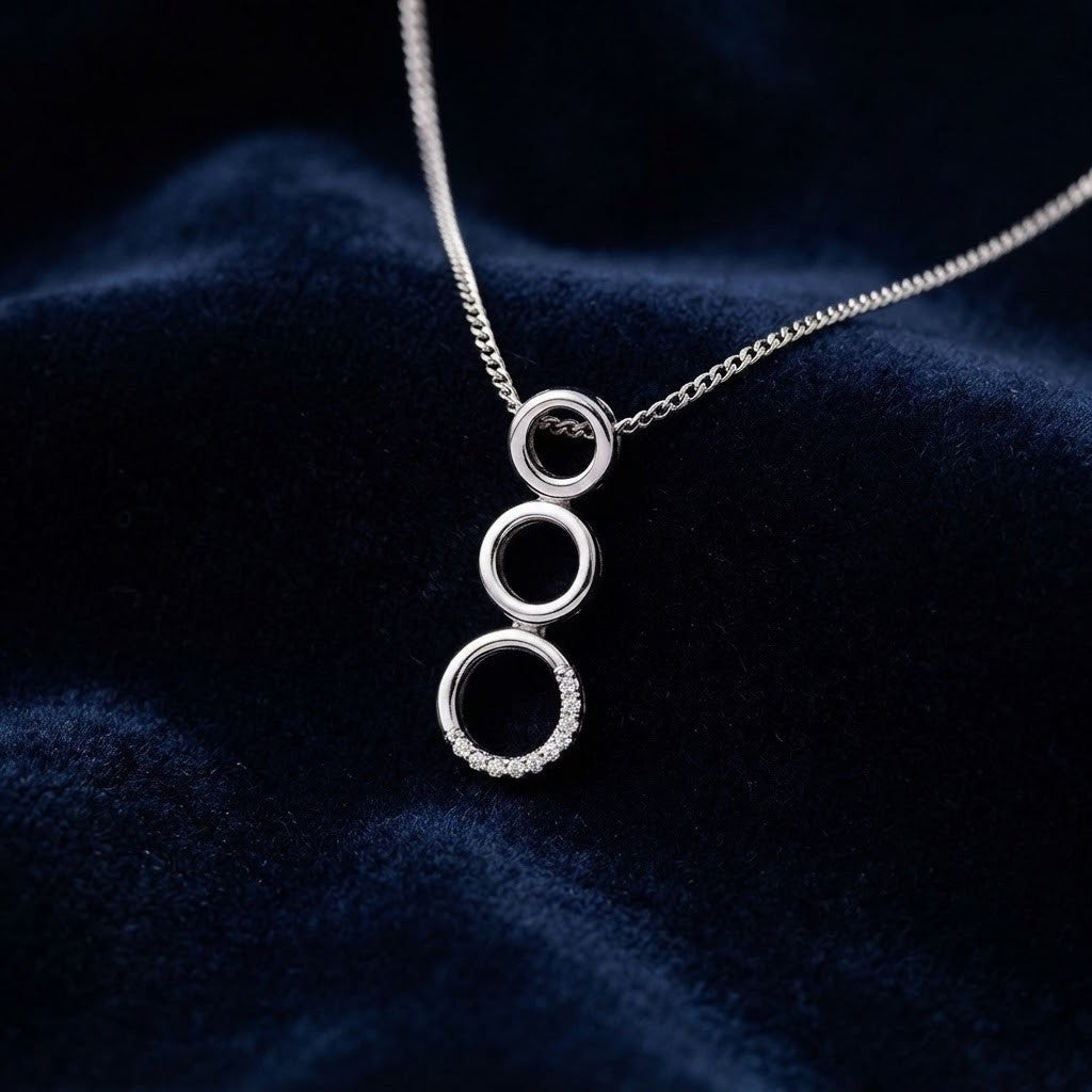 Diamond Three Circle Pendant Necklace 9ct White Gold 18" / 45cm Chain