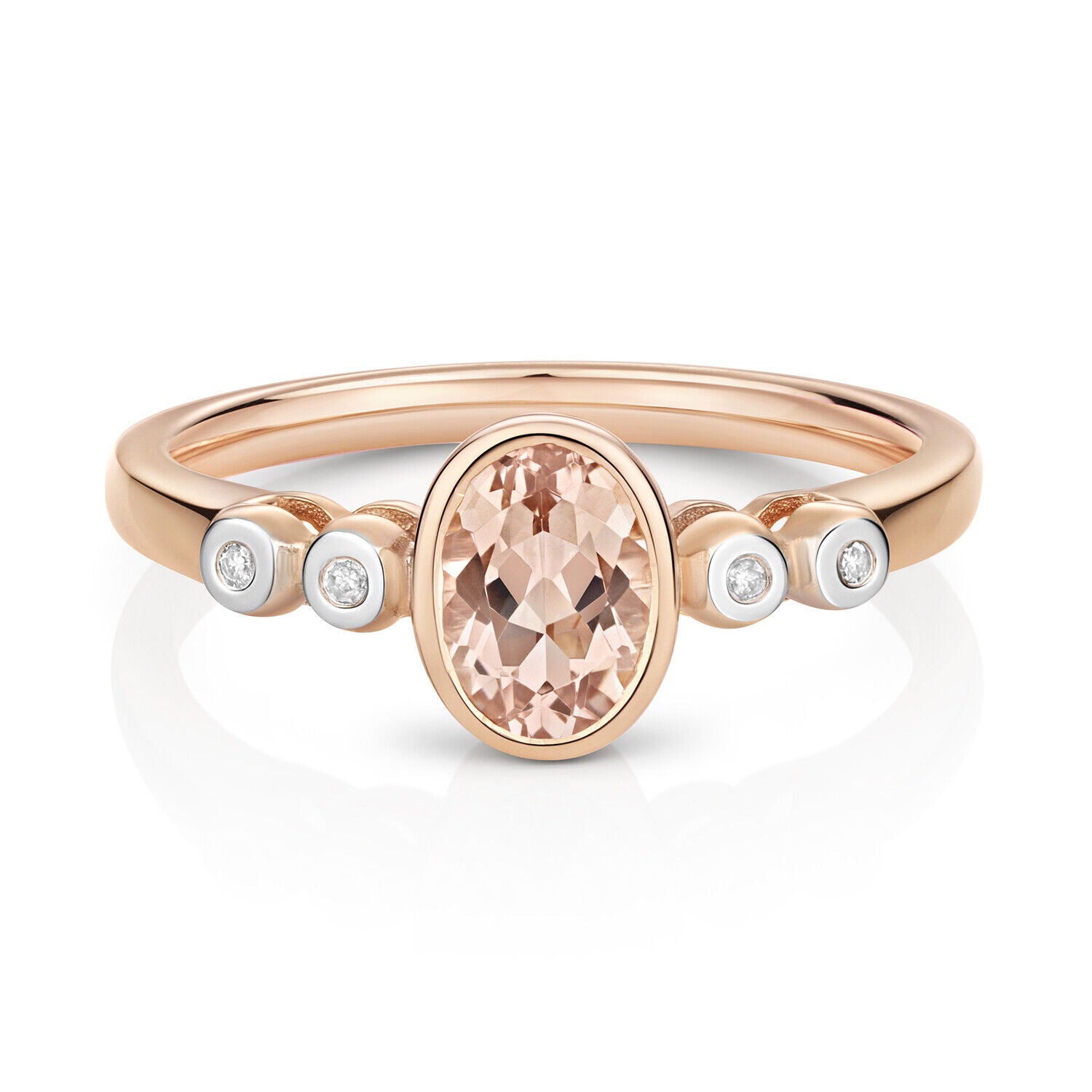 9ct Rose Gold Morganite and Diamond Ring Oval Cut Smooth Set Solitaire