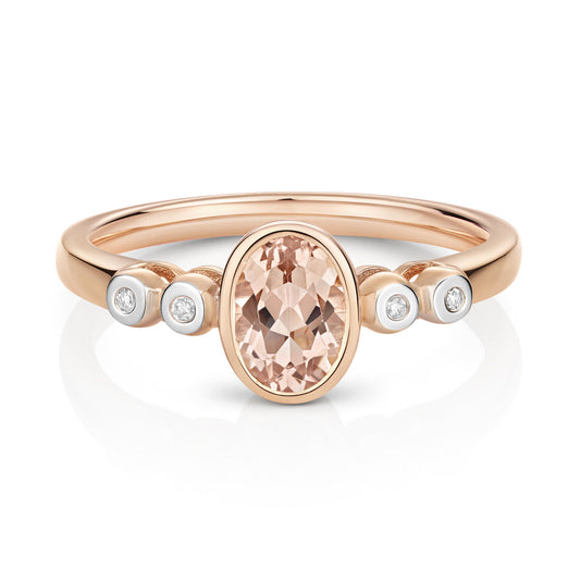 9ct Rose Gold Morganite and Diamond Ring Oval Cut Smooth Set Solitaire