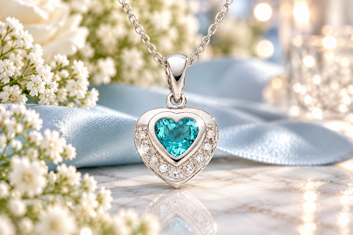 White Gold Heart Pendant With Natural Blue Topaz and Diamond 18" Chain