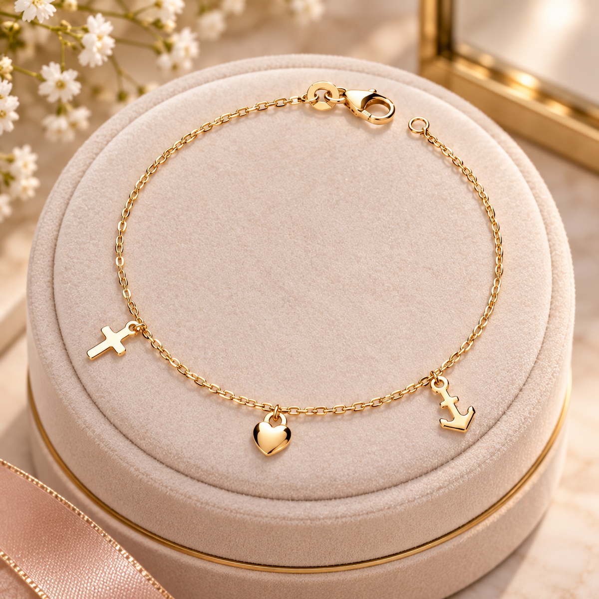 18ct Gold Charm Bracelet with Heart, Cross & Anchor on Solid Silver 925 Hallmark