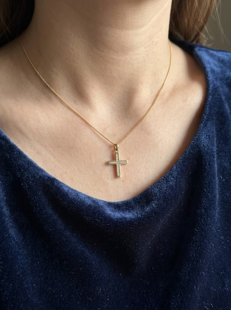 Elegant Channel-Set Diamond Cross Pendant Necklace Yellow Gold 18" Chain