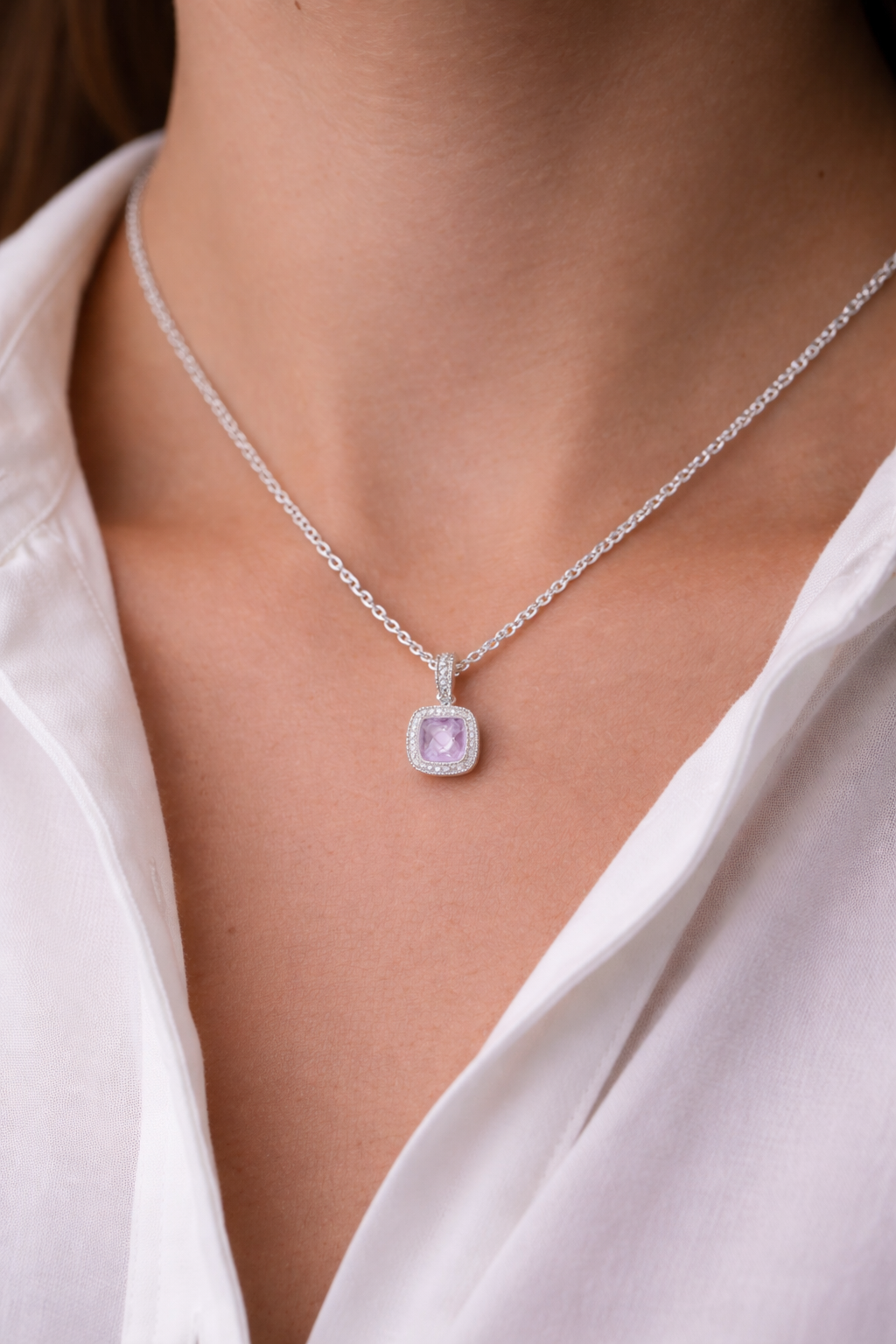 Natural Amethyst Cushion Pendant With Diamonds 9ct White Gold 16" Length Chain