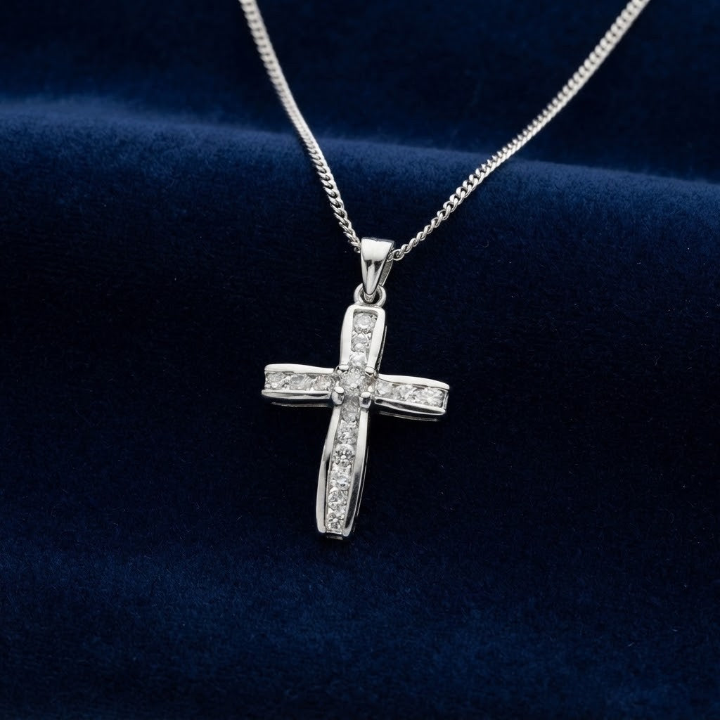 18ct White Gold Cross Pendant 1 Carat Natural Diamond Necklace 18" Chain