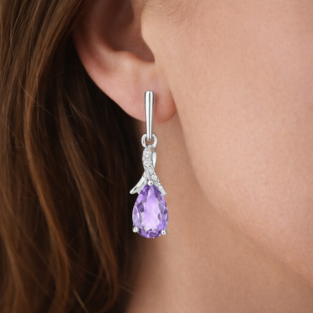 Natural Amethyst and Diamond Earrings Solid 9ct White Gold Teardrops Hallmarked