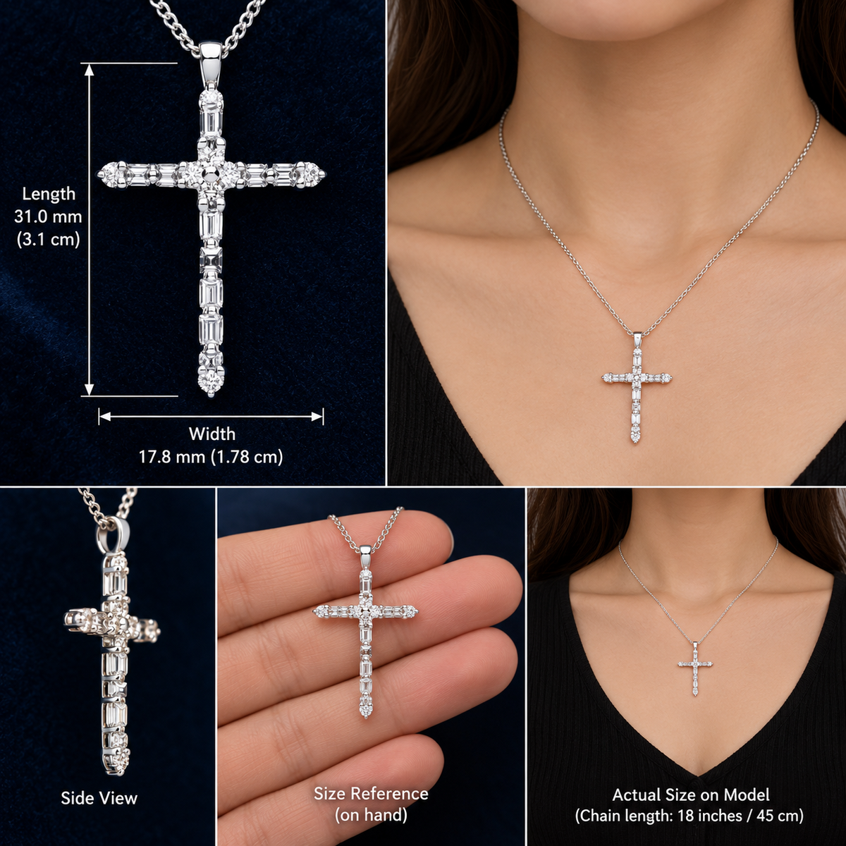 Baguette Diamond Cross Pendant 18ct White Gold 18"/45cm Chain 0.44ctw Diamonds