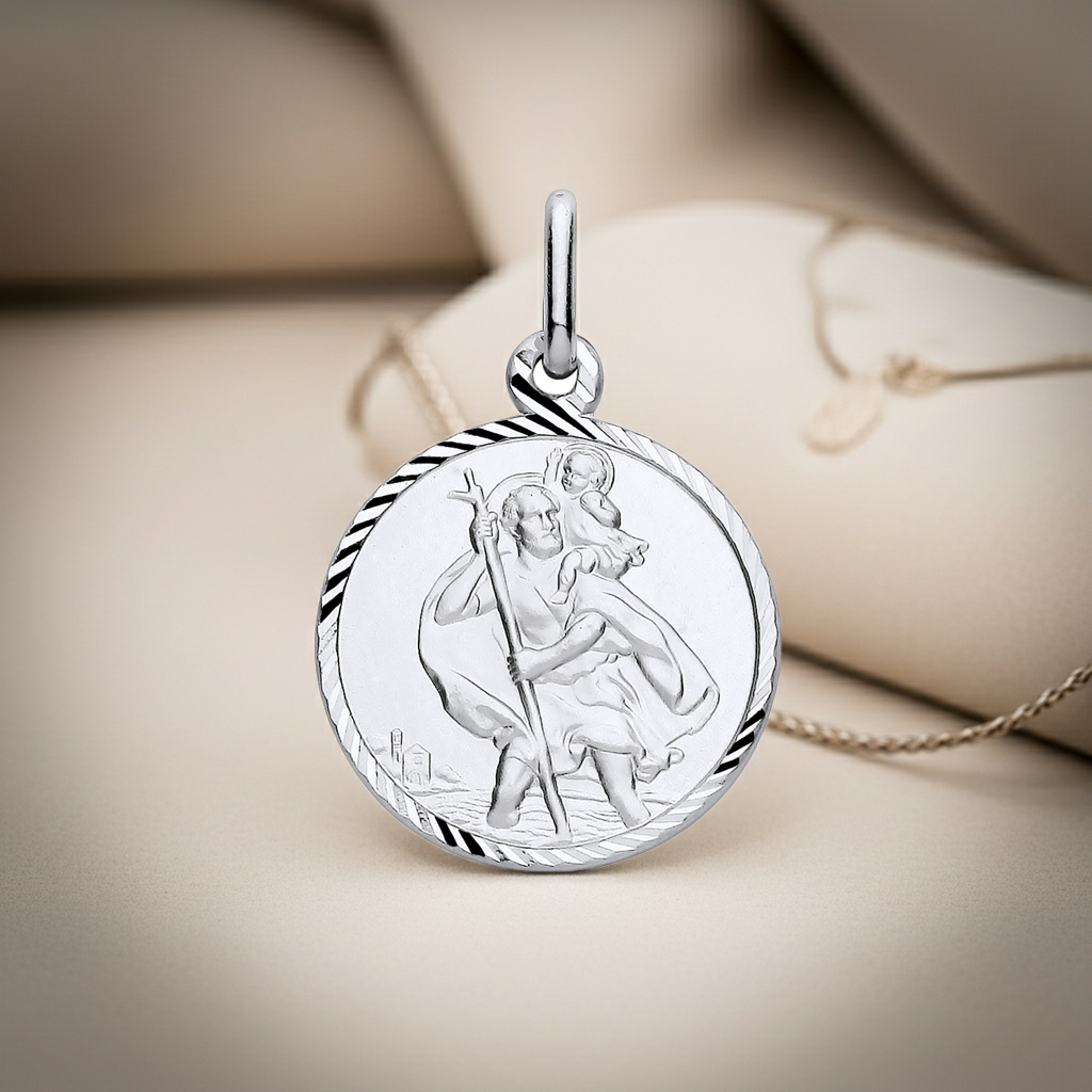 Sterling Silver St Christopher Diamond Cut Border 925 Hallmark 20mm Diameter