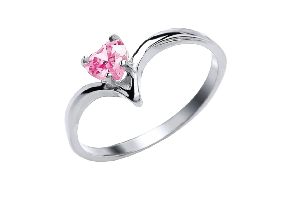 Silver ring with a pink heart-shaped gemstone on a white background