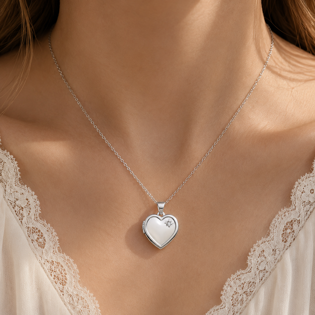 Sterling Silver Heart Locket Pendant with Natural Diamond 18" Chain