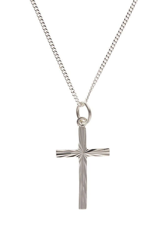Sterling Silver Diamond Cut Cross Pendant 925 Hallmark 22 x 13mm 16 - 18" Chain