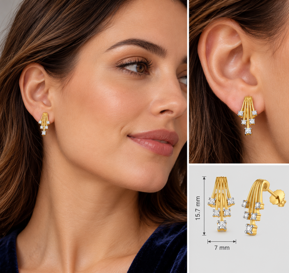 Diamond Cascading Stud Earrings 9ct Yellow Gold 0.25ctw Premium Mined Diamonds