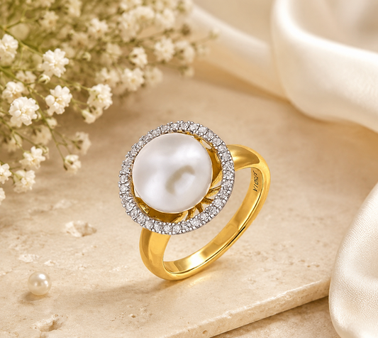 9ct Yellow Gold Freshwater Pearl & Diamond Halo Ring