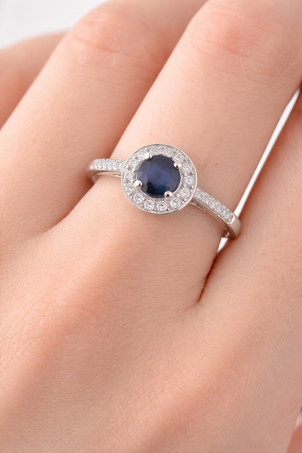 Sapphire and Diamond Ring Round Halo 9ct White Gold Hallmarked
