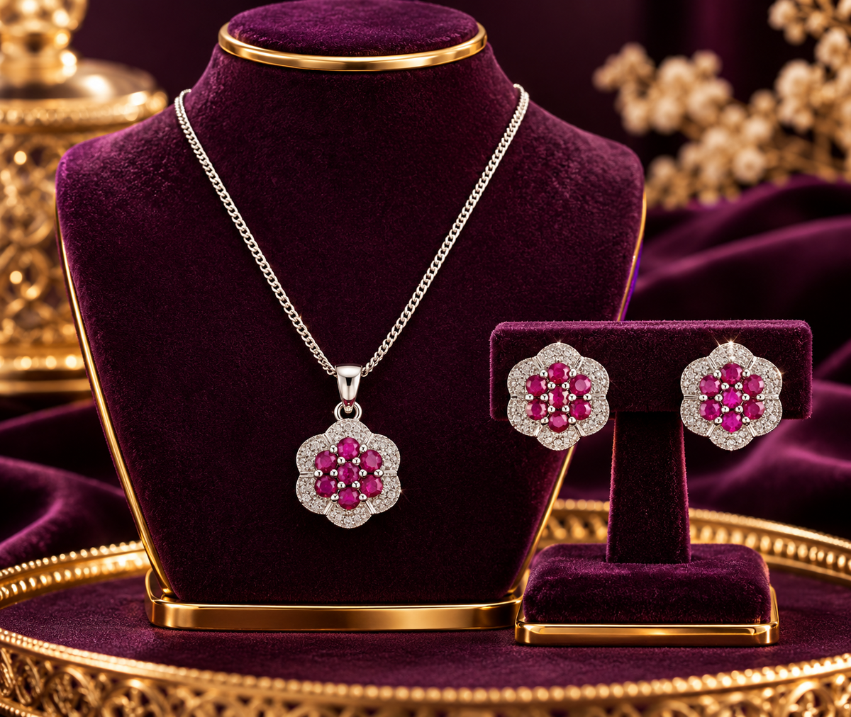 Ruby and Diamond Matching Set Solid Sterling Silver Pendant and Stud Earrings