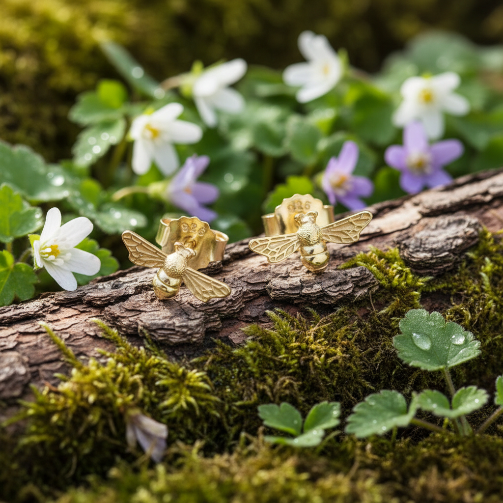 Bumble Bee Stud Earrings 18ct Yellow Gold on Solid .925 Sterling Silver Handmade
