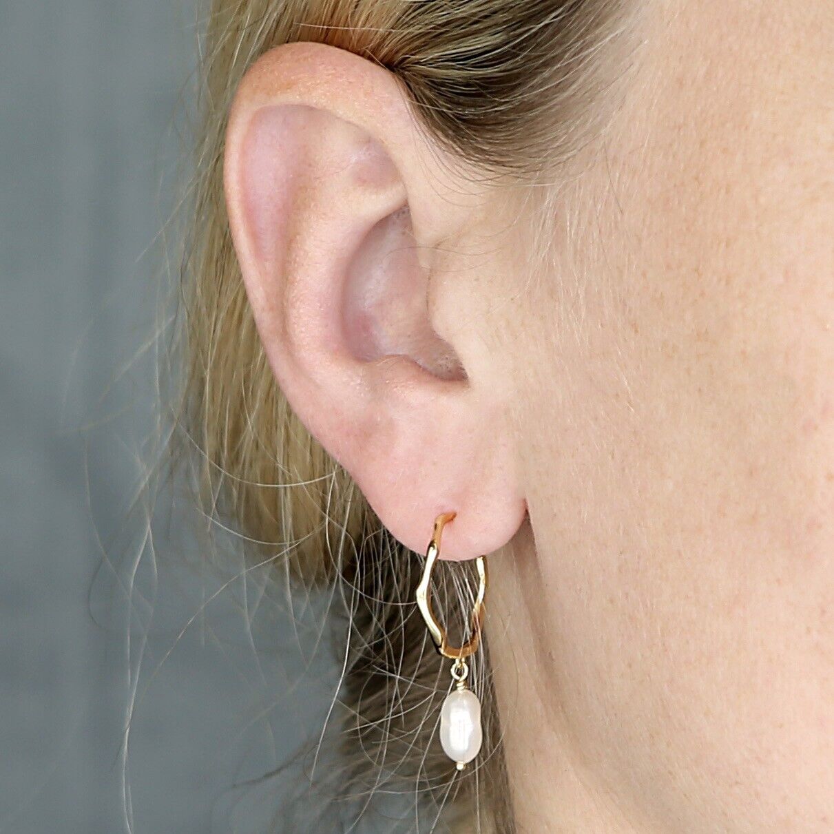 Freshwater Pearl Hoop Wave Drop Stud Earrings 18ct Gold on Solid Sterling Silver