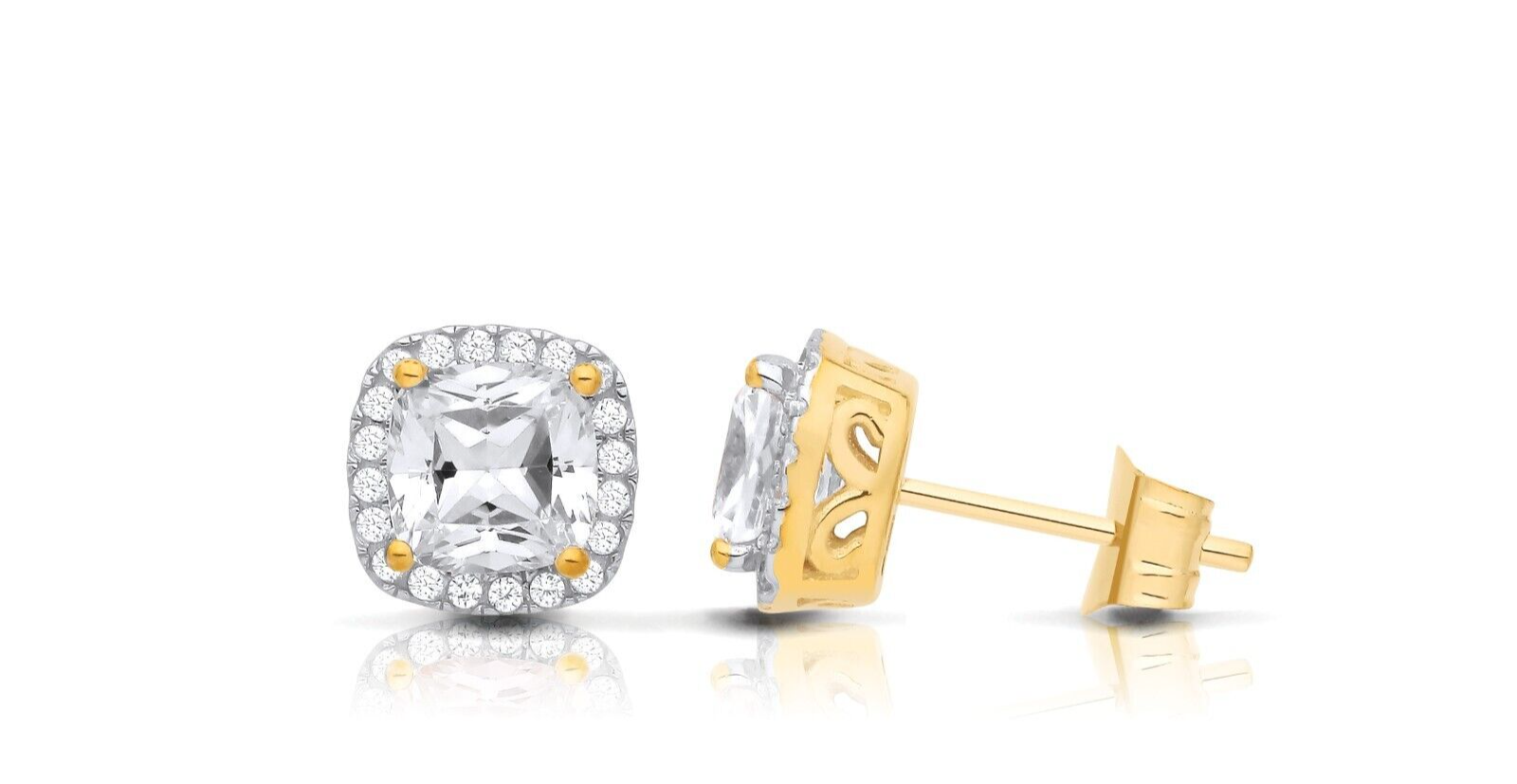 Zircon Cushion Cluster Stud Earrings Solid 9ct Yellow Gold Hallmarked