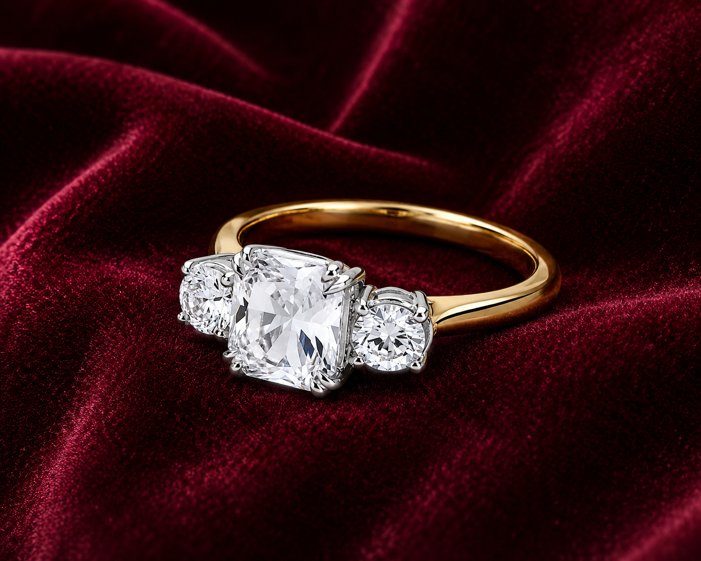 Three Stone Cushion Trilogy Ring 18ct Gold on Solid Sterling Silver 925 Size J-V