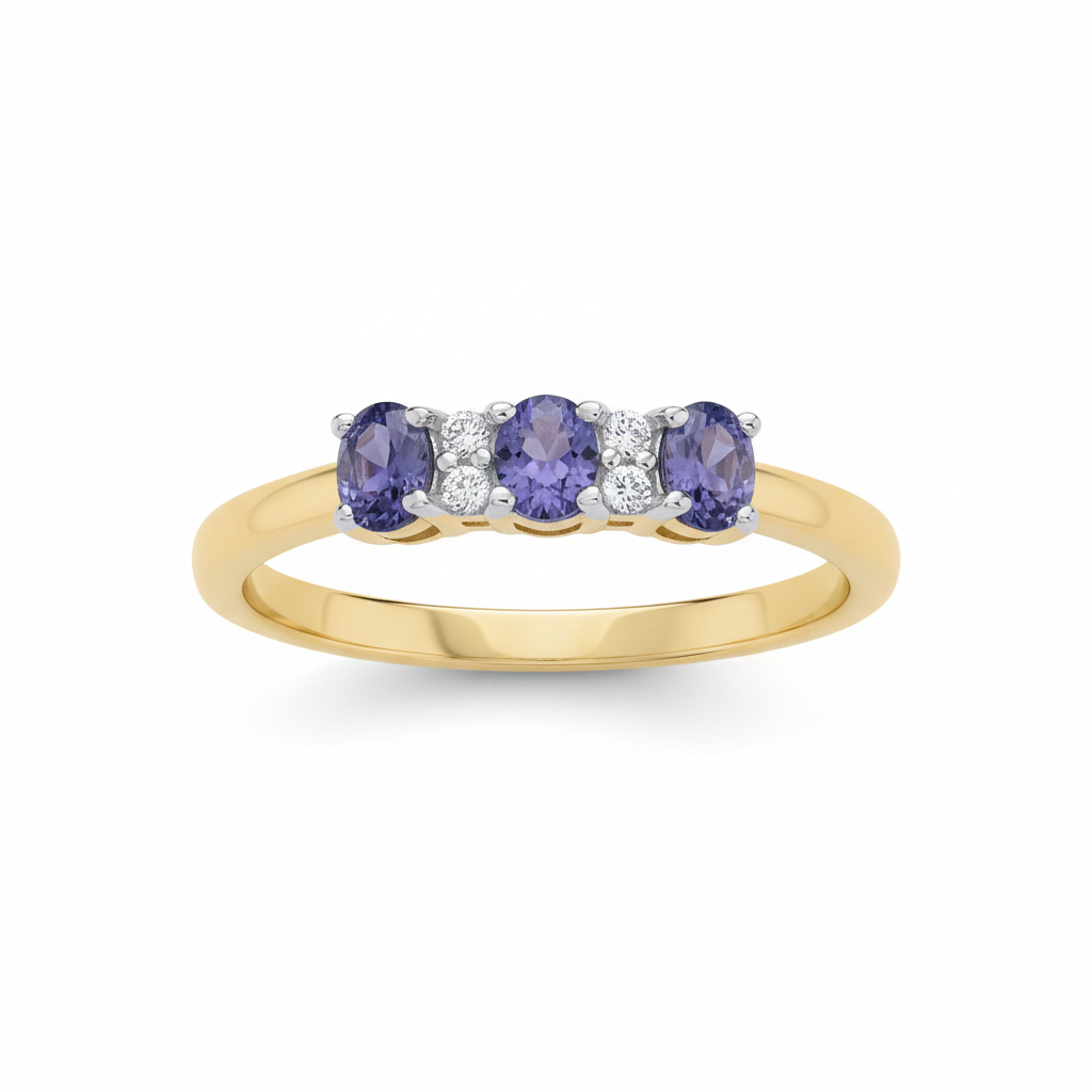 Tanzanite Three Stone Trilogy Ring 18ct Gold on Solid Sterling Silver Size K-S