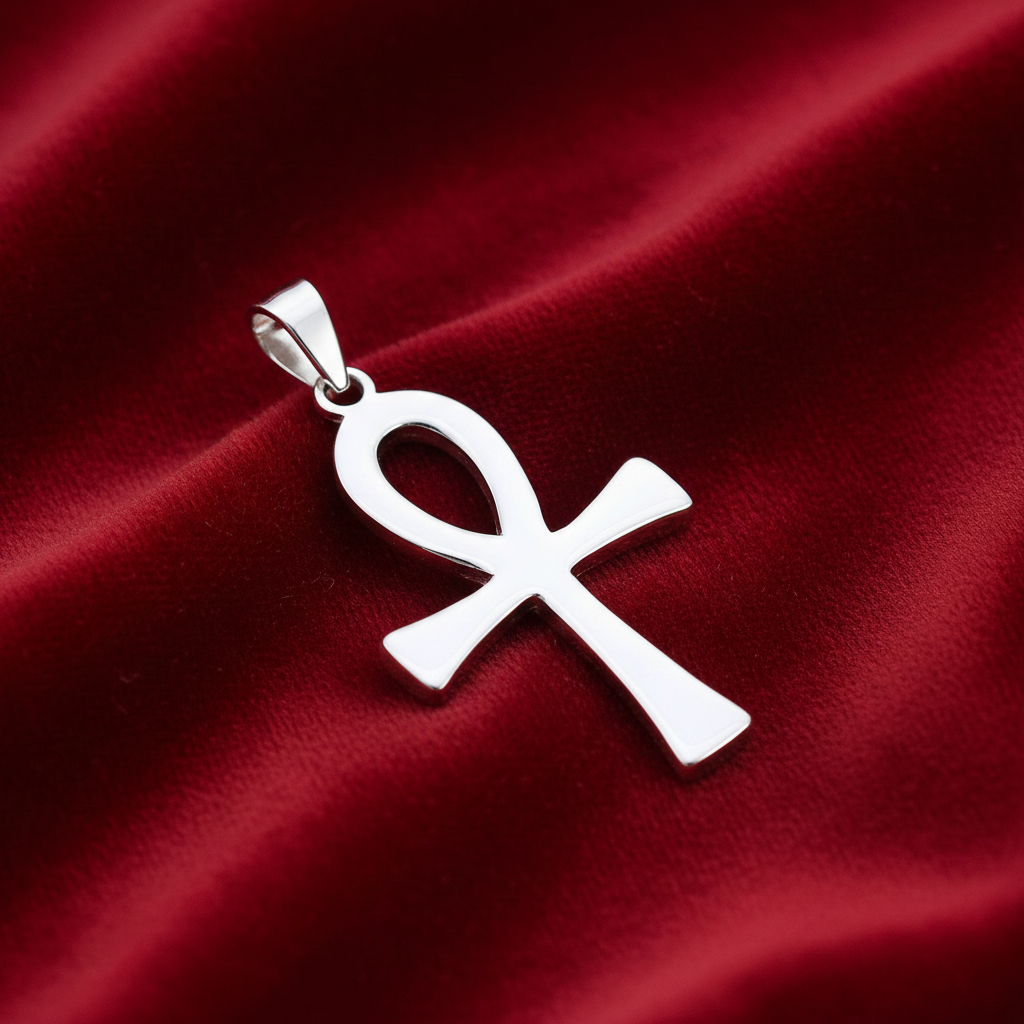 Sterling Silver Ankh Cross Pendant 925 Hallmark 36mm Rhodium Finish