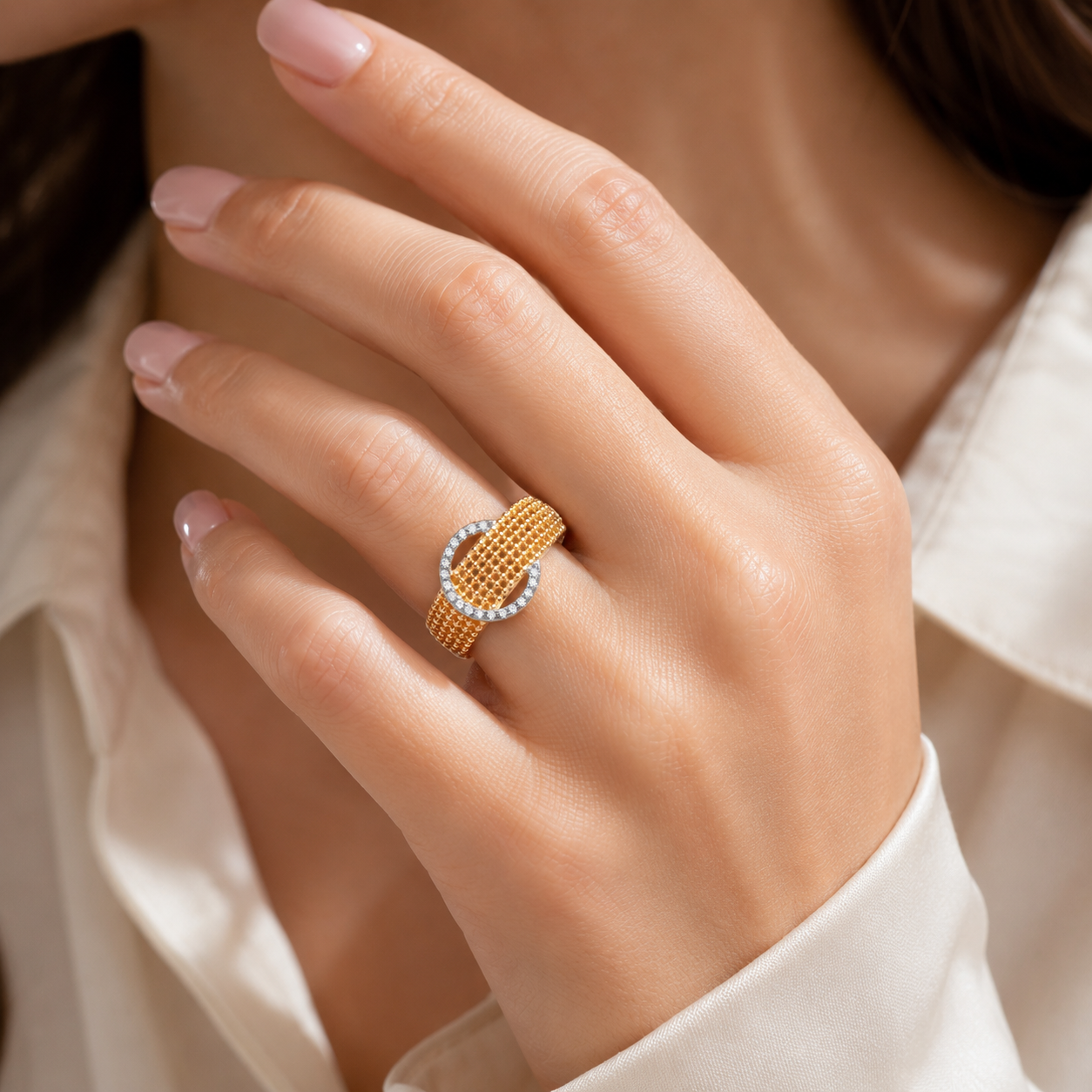 Yellow Gold Buckle Ring Pavé Halo Gemstones on Solid Sterling Silver 925